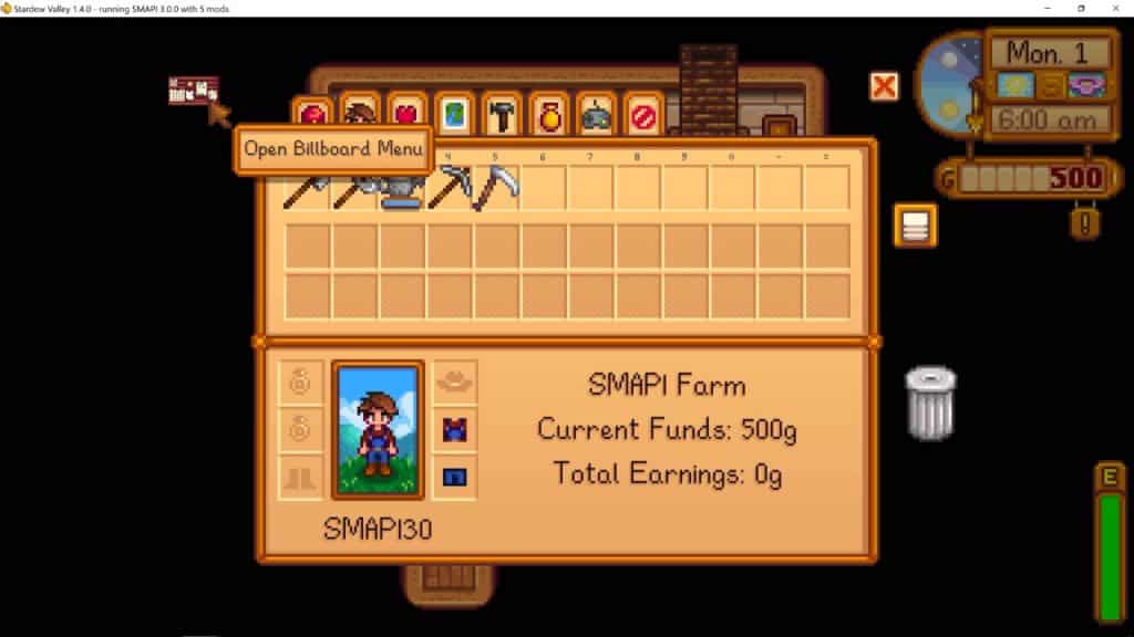 In-game interface of accessing the Billboard Anywhere mod in Stardew Valley.