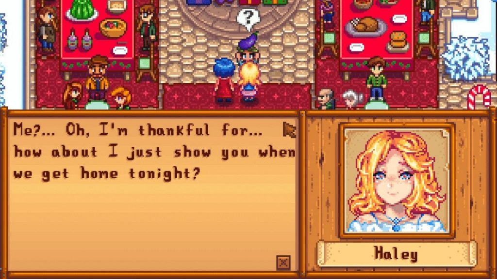 The player talking to Haley (anime) at the Feast of the Winter Star in Stardew Valley