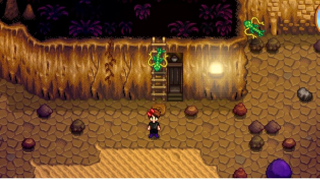 The player venturing deep in the Skull Cavern with an elevator