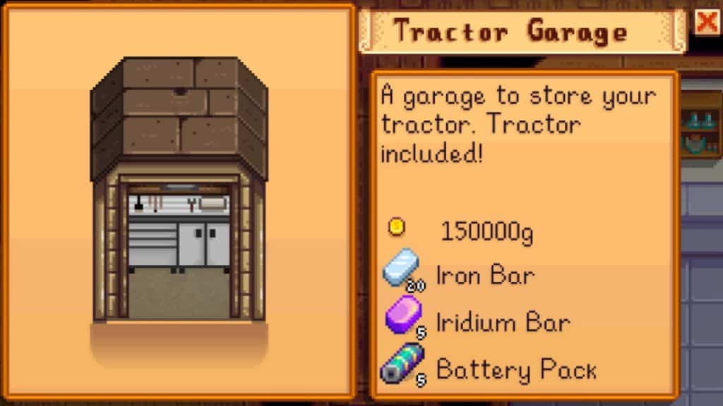 The Tractor Garage's building cost from the Tractor Mod in Stardew Valley