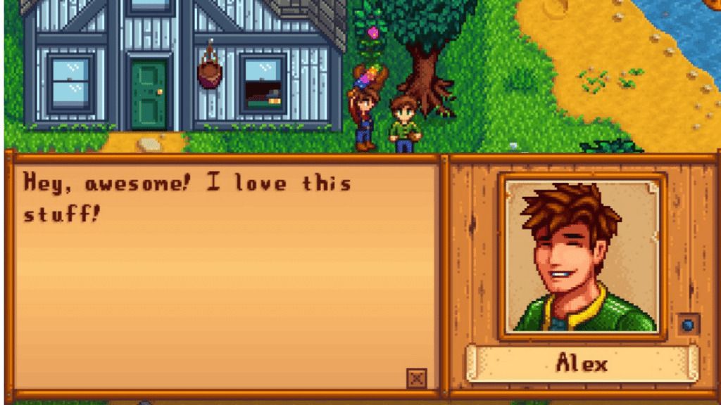 A player having a conversation with Alex in Stardew Valley. 