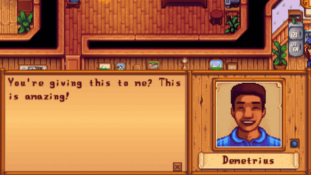A player having a conversation with Demetrius in Stardew Valley.
