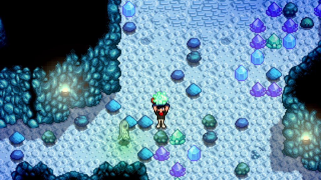 The player holding an Ectoplasm near a Ghost in Stardew Valley.