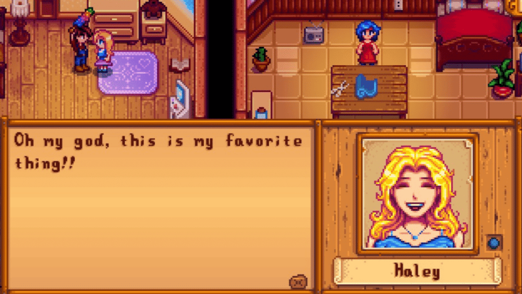 A player having a conversation with Haley in Stardew Valley.