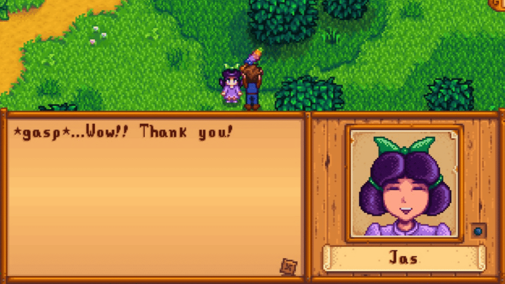 A player having a conversation with Jas in Stardew Valley.