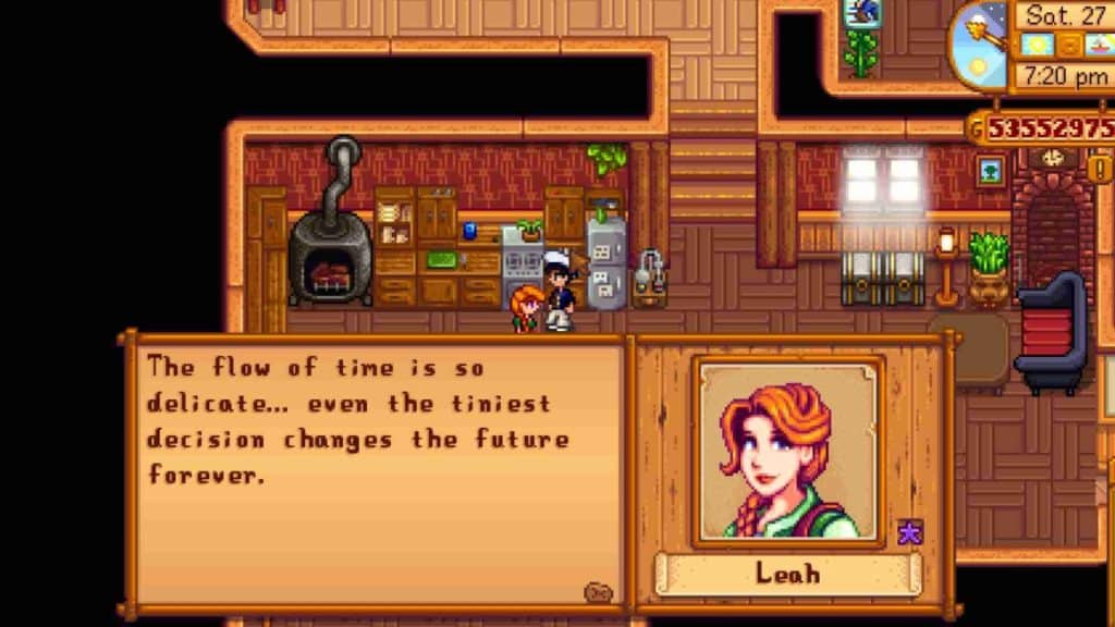 A player having a conversation with Leah in Stardew Valley.