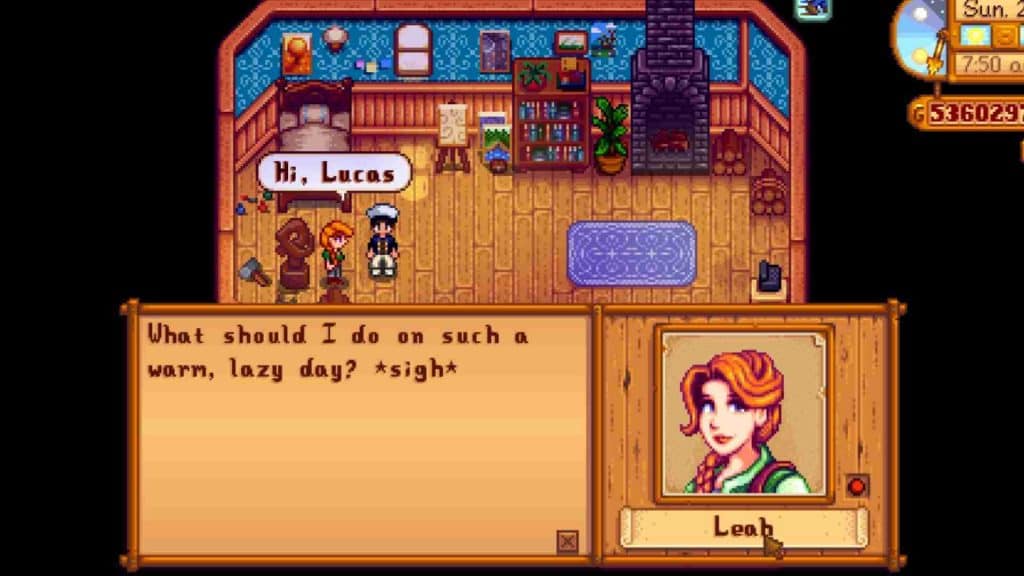 A player conversing with Leah in Stardew Valley.