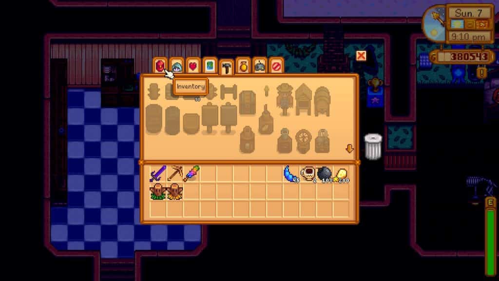 A screenshot of the player's bag which is empty save for a galaxy sword, a gold pickaxe, magic rock candy, 45 Qi beans, 2 triple espressos, 100 bombs, 200 gold cheese, a home totem, and a desert totem.