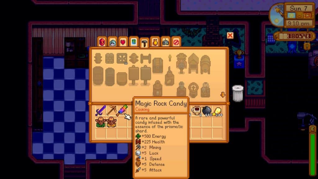 A screenshot of the player's bag with the mouse hovering over Magic Rock Candy which is described as "A rare and powerful candy infused with the essence of prismatic shard."