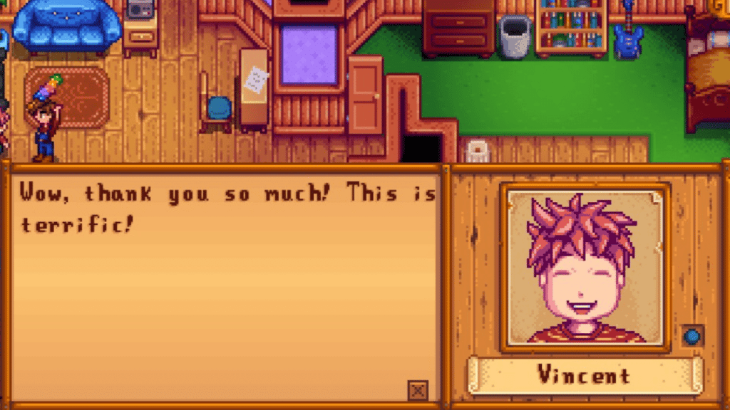 A player having a conversation with Vincent in Stardew Valley.
