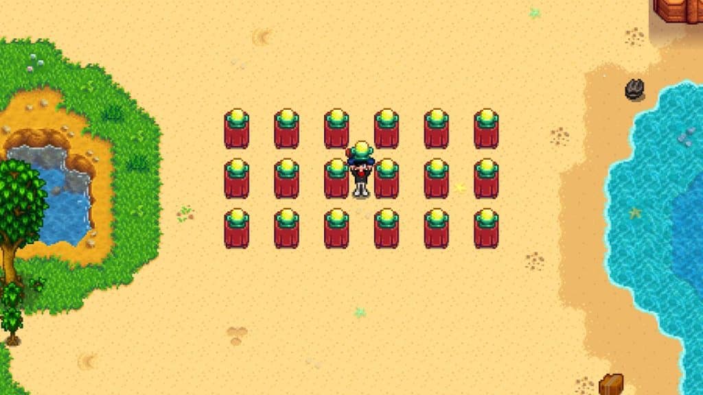 The player holding a Mango Sticky Rice - one of the best foods in Stardew Valley.