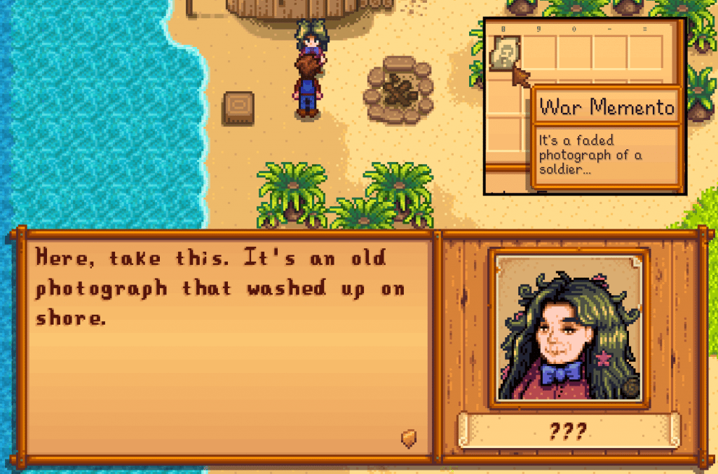 Birdie gives the player character the War Memento. She says, "Here, take this. It's an old photograph that washed up on shore."