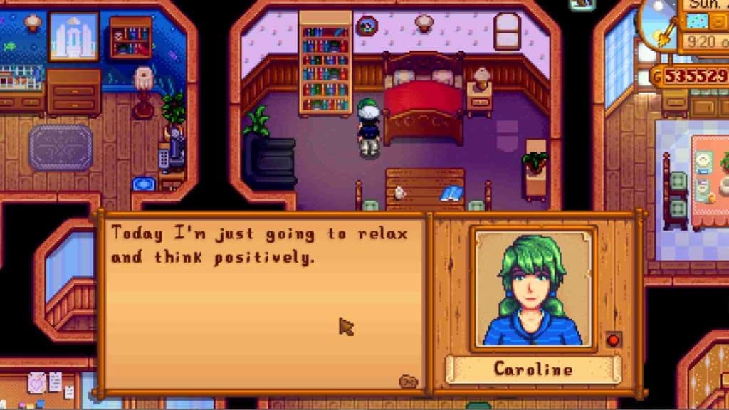 A player conversing with Caroline in Stardew Valley.