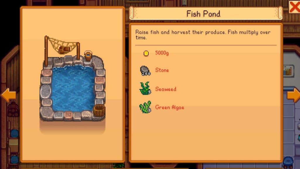A player looking through the materials needed to build a Fish Pond in Stardew Valley.