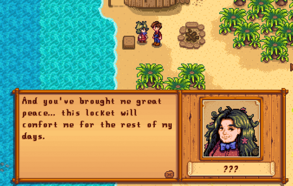 Birdie and the Player Character standing outside of her hut. She says, "And you've brought me great peace... this locket will comfort me for the rest of my days."