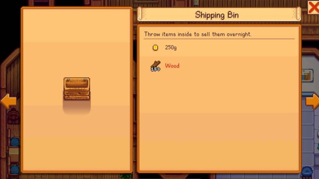 A player looking through the materials needed to build a Shipping Bin in Stardew Valley.