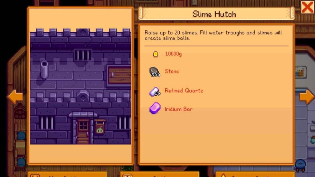 A player looking through the materials needed to build a Slime Hutch in Stardew Valley.