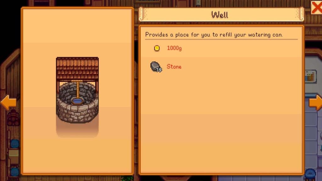 A player looking through the materials needed to build a well in Stardew Valley.