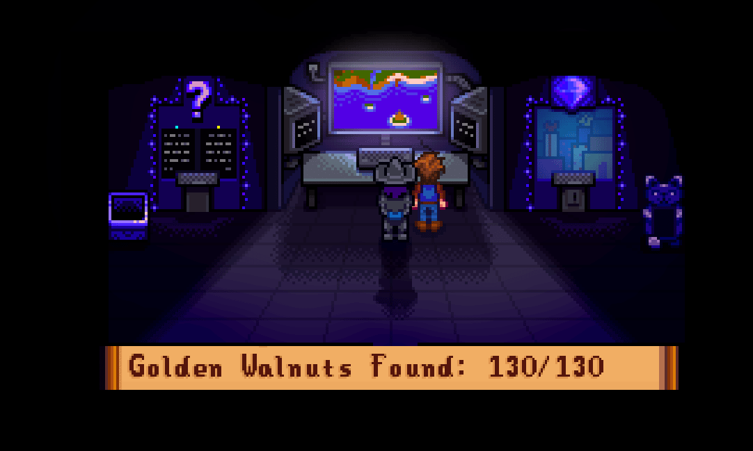 The player character standing next to Mr. Qi in the Golden Walnut room. The caption at the bottom says "Golden Walnuts Found: 130/130."