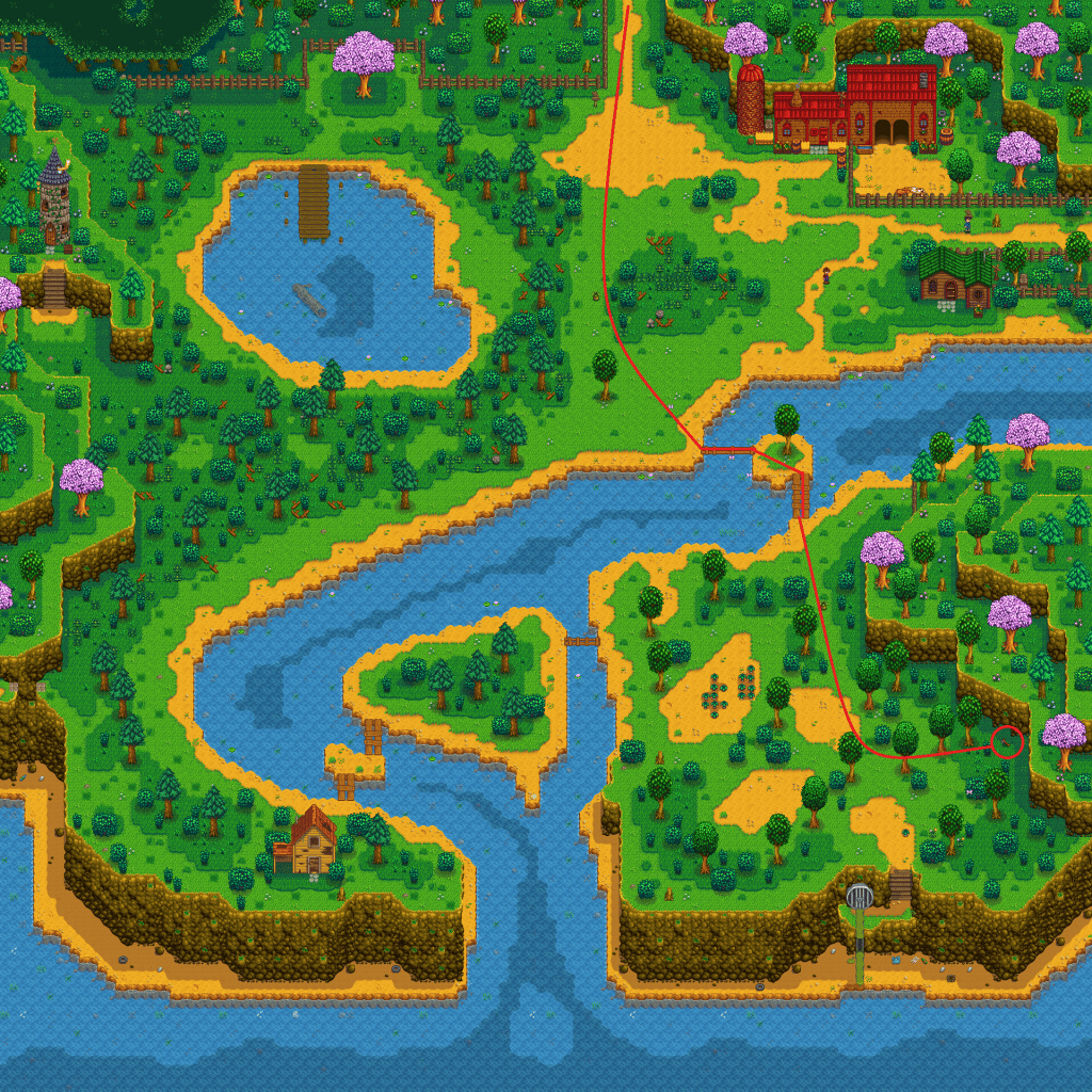 A map of Cindersnap forest showing a red line leading from the south entrance of the player's farm to Robin's axe.