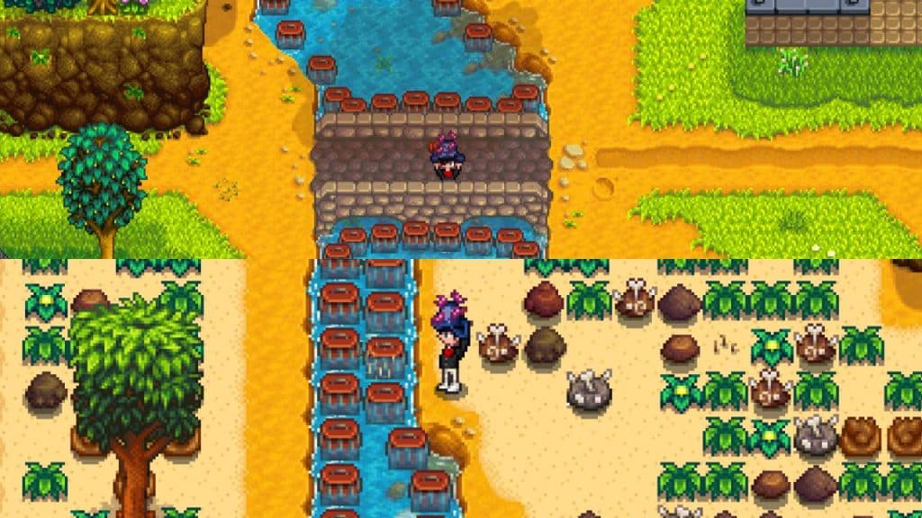 The player holding a Bait in front of Crab Pots in different Rivers in Stardew Valley.