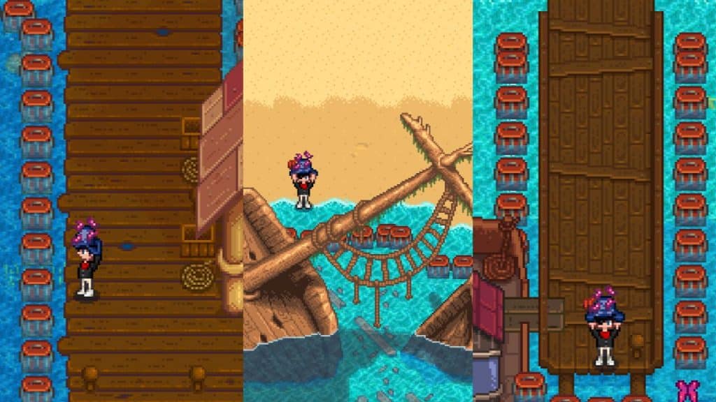 The player holding a Bait in front of Crab Pots in the Ocean.