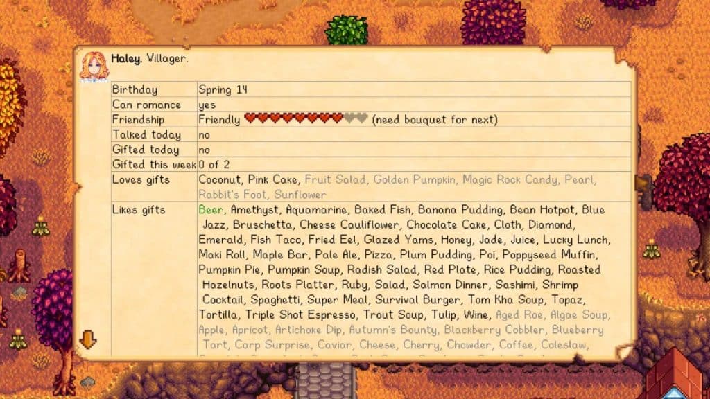A player checking Haley's profile in stardew valley.