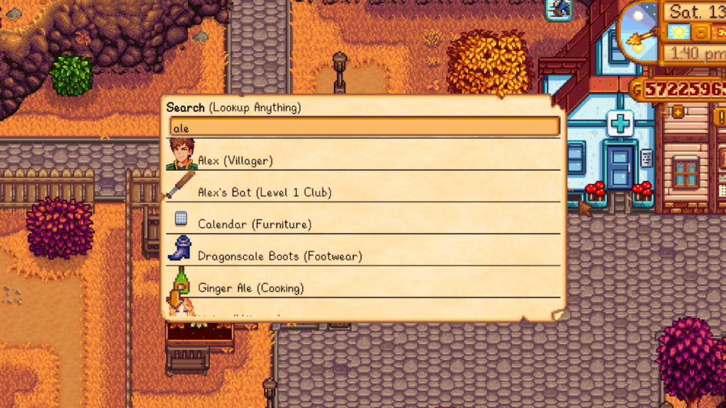 A player using lookup anything mod's search bar in Stardew Valley.