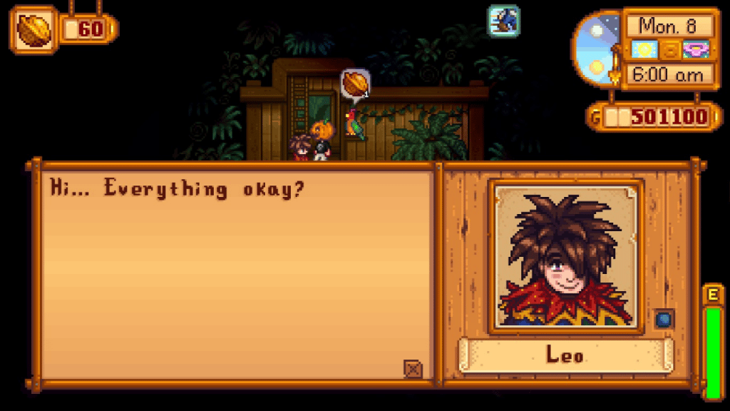 A player having a conversation with Leo in Stardew Valley.