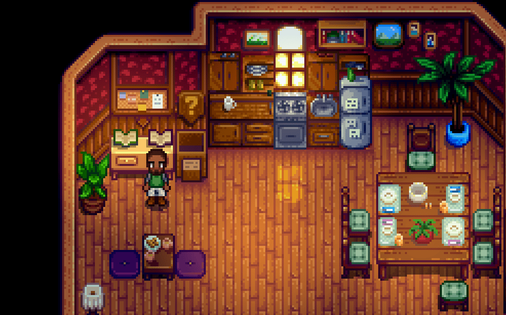 To get a divorce in Stardew Valley, you must first visit Mayor Lewis. In this screenshot, the farmer is standing inside the mayor's manor.