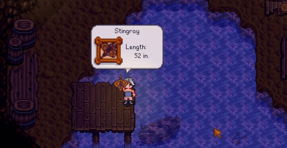 A screenshot from Stardew Valley in which the farmer has caught a Stingray by fishing in the Pirate Cove location.