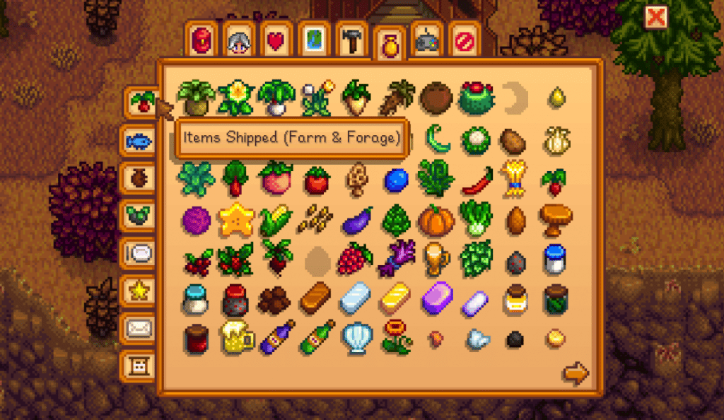 A screenshot from Stardew Valley of the farm and forage tab in the Collections menu.