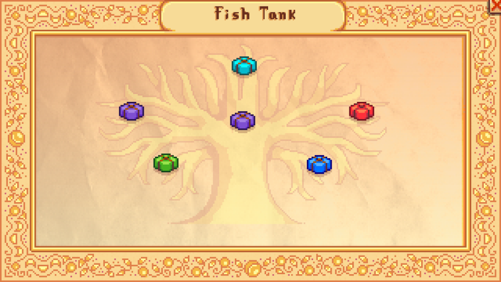 A screenshot from Stardew Valley that displays the Fish Tank bundle interface in the Community Center.