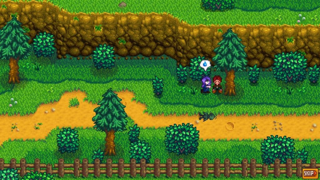 Abigail saving the injured player after an encounter with a Wilderness Golem in Stardew Valley.