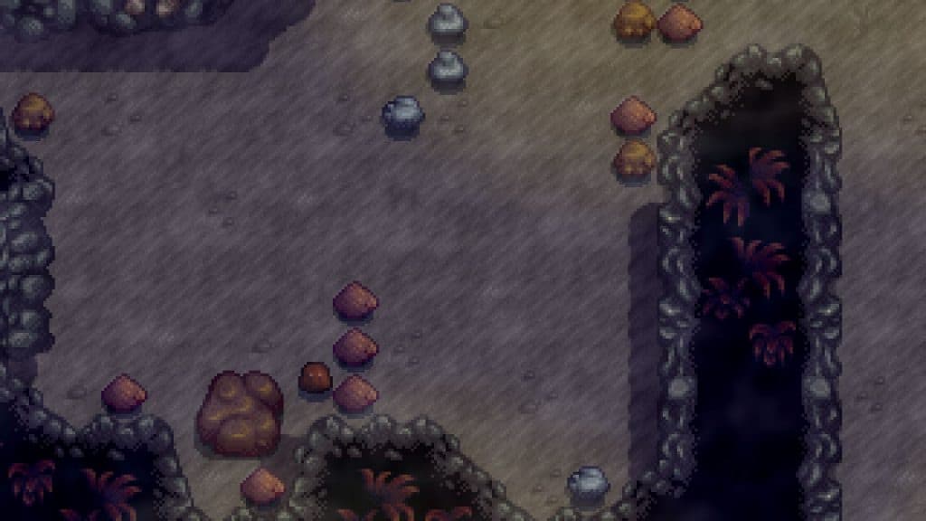 A Copper Slime spotted at the Quarry Mine, slightly blending with the Stone Node's color.