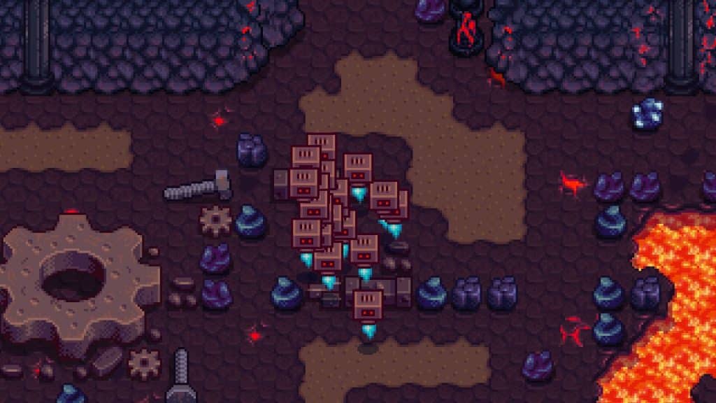 A group of Dwarvish Sentries slowly charging towards the player at the Volcano Dungeon.