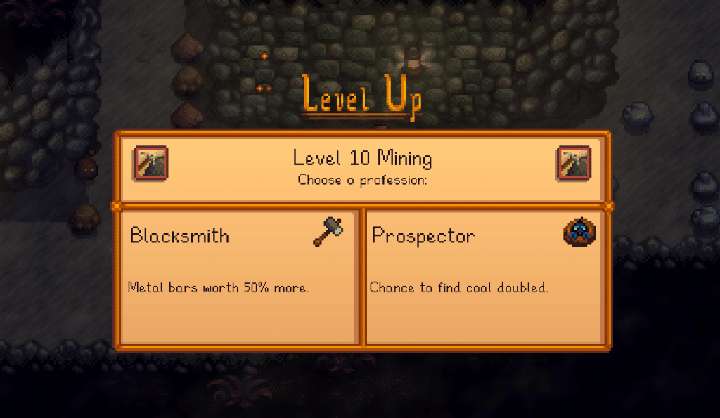 A screenshot from Stardew Valley of the level-up screen. The player can pick between the Blacksmith and Prospector professions.