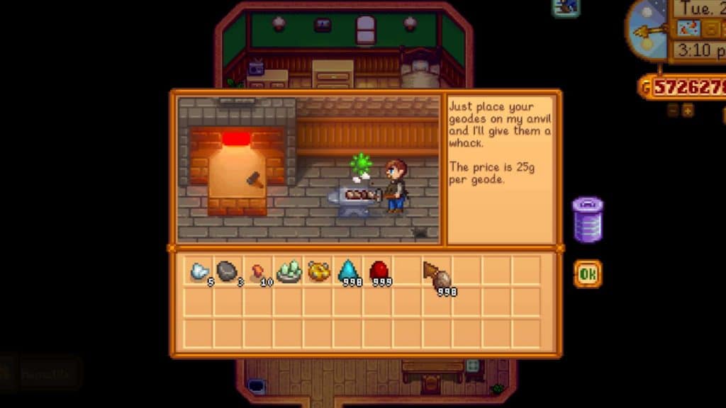 A player obtaining Geode Minerals from cracking geodes in Stardew Valley.