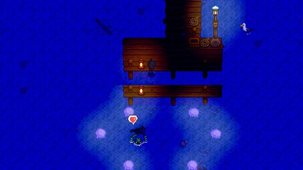 A merman playing with Krobus at the Beach Pier in Stardew Valley.