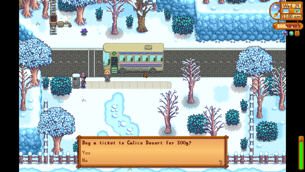 Playable character purchases a bus ticket for 500g next to Pam and the bus.