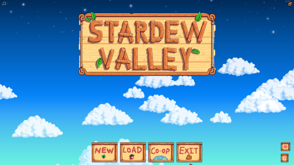 Stardew Valley Main Menu, with New, Load, Co-op, and Exit as the options.
